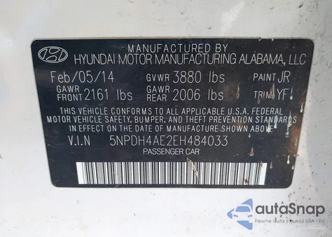 2014 Hyundai Elantra Se from USA, damaged, VIN 5NPDH4AE2EH484033